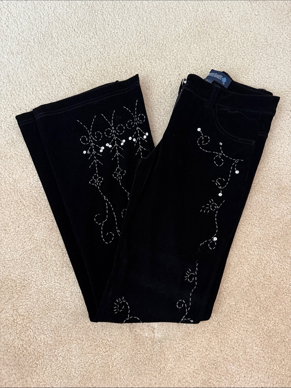 Blue Asphalt Black Boot Cut Velvet Pants with Silver Embellishment